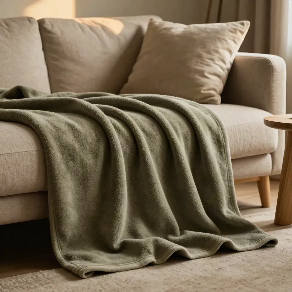 Coperta morbida drappeggiata su divano basso con cuscino tonale e tavolino in legno.