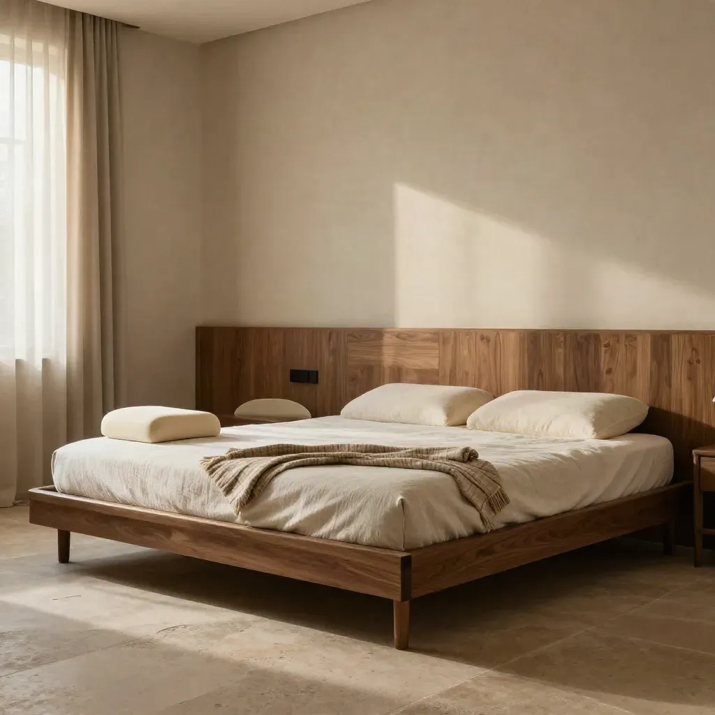 Camera da letto boutique luminosa con materasso ergonomico, cuscini memory e plaid su pietra chiara.